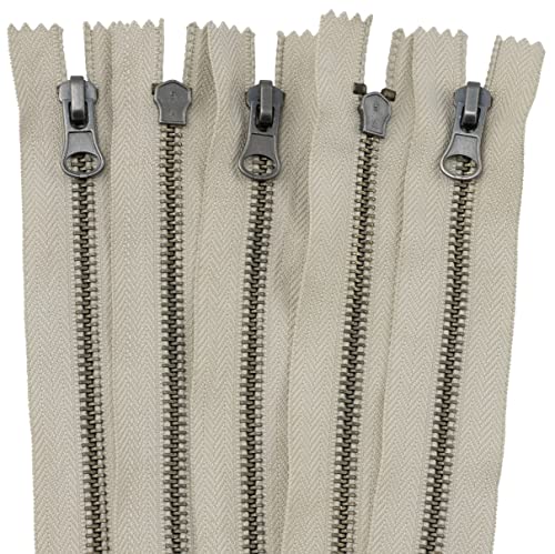AERZETIX - C61525 - Juego de 5 Cremalleras N°5 no separables 16cm en metal vintage - tirador decorativo - color beige claro - cursor marroquinería costura falda jeans mercería