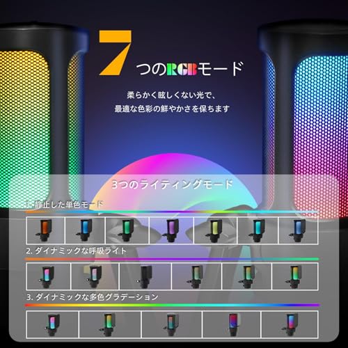 VCOM RGB USB ゲーミングマイク コンデンサーマイクセット PC マイク単一指向性 調整可能スタンド付き 音量調整/ミュート/RGB切替 ゲーム実況/録音/YouTube配信向け Windows/Mac/PS4/PS5対応