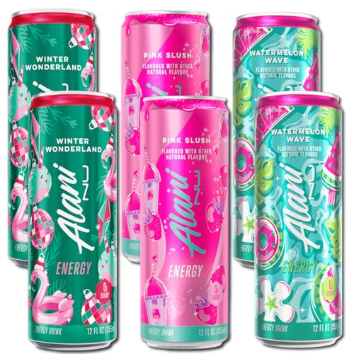 New Alani Energy Drinks Variety Pack Watermelon Wave, Pink Slush, Winter Wonderland Flavors Sugar-Free, Low-Calorie, 200mg Caffeine, Energy Boost Drink 12 fl oz (Pack of 6)