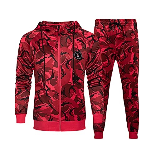 Trainingspak voor heren, 2 stuks, set camouflage, sweatshirt, joggingbroek, vrijetijdsbroek, sportpak, volledige ritssluiting, vest, broek met trekkoord, broek, ritssluiting, hoodies joggingbroek, sportbroek, activewear sweatpak, Rood, XS/S