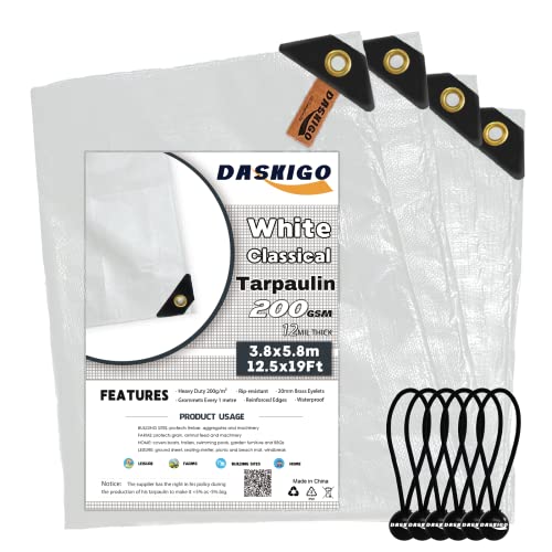 Lona impermeable resistente y 6 bolas elásticas (blanco, 13 x 20 pies)