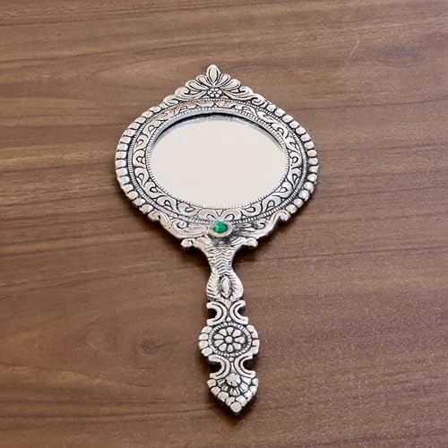 Image of KridayKraft Beautifully Carved Round Shape Silver Plating Hand Mirror for Makeup, Travelling, Salon Mirror & Decorative Mirror Antique Item for Wedding Gifts.