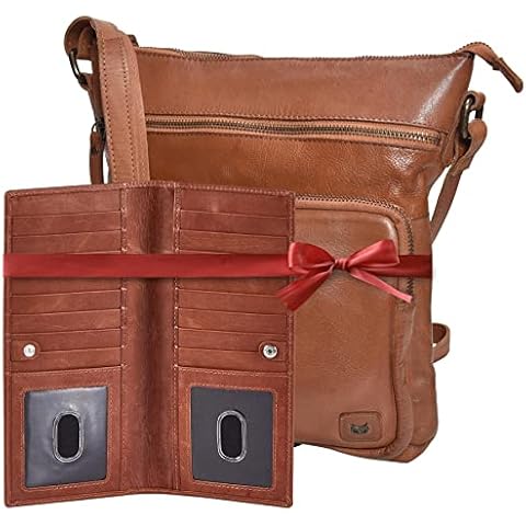 Wise Owl Accessories Real Leather Crossbody Handbag & Purse for Women Bundled with RFID Blocking Long Bifold Card Case Wallet (Cognac set of 2) Cover