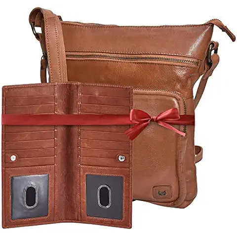 Wise Owl Accessories Real Leather Crossbody Handbag & Purse for Women Bundled with RFID Blocking Long Bifold Card Case Wallet (Cognac set of 2) Cover