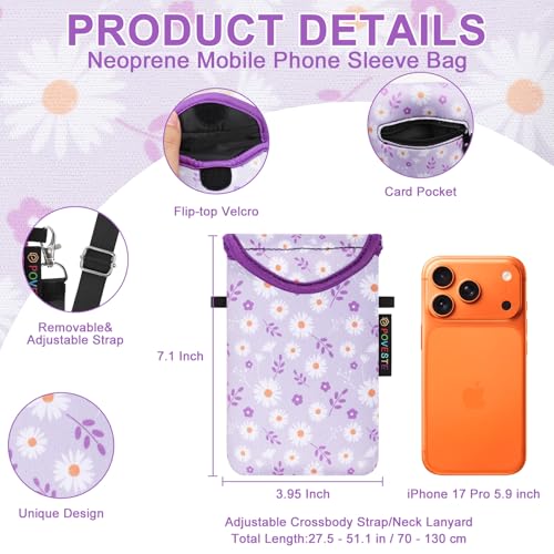 Image of POVESTE Neoprene Cell Phone Sleeve Pouch Case Bag with Crossbody Strap Lanyard for Women, Flap Closure Secure Cell Phone Bag with Pocket for Cards, Cash. (Lalic Daisy)