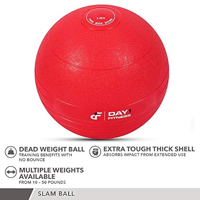 Weighted Slam Ball by Day 1 Fitness ¨C 15 lbs RED - No Bounce Medicine Ball - Gym Equipment Accessories for High Intensity Exercise, Functional Strength Training, Cardio