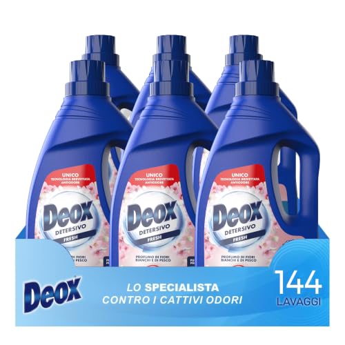 Deox Detersivo Lavatrice Liquido Fresh, 144 Lavaggi, 1200 ml x 6 | Smacchia e igienizza il bucato con una formula antiodore, efficace contro sporco e macchie ostinate.