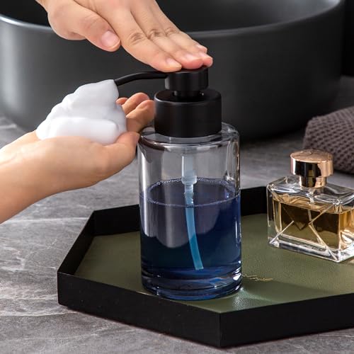 Image of Enra Black Foaming Soap Dispenser, Thick Glass Bathroom Soap Dispenser | 12oz thick glass bottle with stainless steel pump. Stylish dispenser for bathroom, kitchen, farmhouse and modern decor.