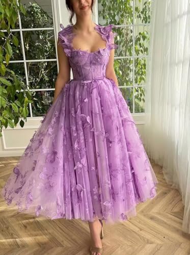 Women's Tulle Tea Length Prom Dress 3D Butterfly Lace Appliques Ball Gowns for Women Formal Party Dress2