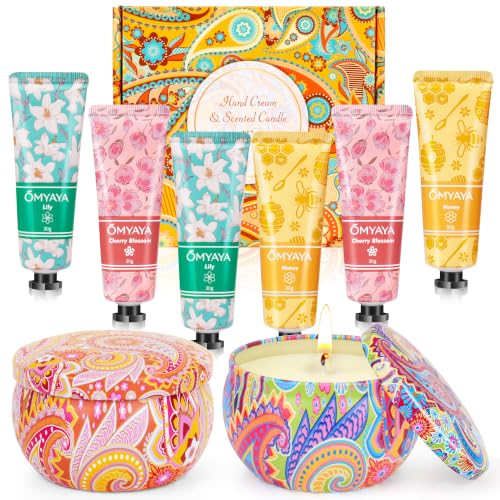 Hand Cream & Scented Candles Gift Set Soy Wax Aromatherapy Candles Non-greasy Nourishing Hand Lotion Gifts for Women Friends Teachers Bridesmaid Birthday Valentines Mothers Day Gifts for Mom