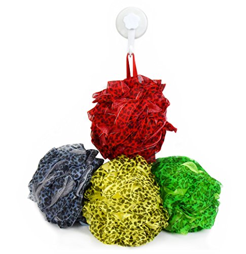 Loofah Exfoliating Bath Sponge set of 4 - Leopard Print Shower Poufs with Suction Cup Drying Hook - Thick but Soft