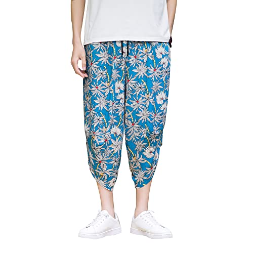 DOSLAVIDA Men's Casual Elastic Waist Linen Capri Pants Wide Leg Baggy Cotton Harem Yoga Trousers Loose Patchwork Short4