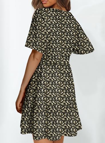 Image of Dokotoo Womens Summer Dresses 2026 Boho Floral Short Sleeve V Neck Smocked Waist Casual A-Line Swing Mini Dress Sundress