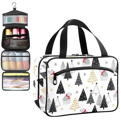 YNNALE Sewing Supply Organizer Bag, Winter Bear with Christmas Tree Portable Sewing Bags with Pockets&Hanger, Sewing Storage Box Case for Sew Supplies/Kit/Tools/Accessories (BAG ONLY)