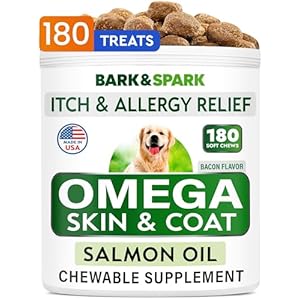 Omega 3 for Dogs – 180 Fish Oil Treats for Dog Shedding, Skin Allergy, Itch Relief, Hot Spots Treatment – Joint Health – Skin and Coat Supplement – EPA & DHA Fatty Acids – Salmon Oil – Bacon