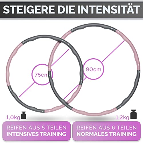 FITCELLENCE® 1,2kg, 90cm Durchmesser, 5-6 Teile, Hula Hoop Reifen für Erwachsene, zum abnehmen inkl. Anleitung für intensives Training, Anfänger und Profis