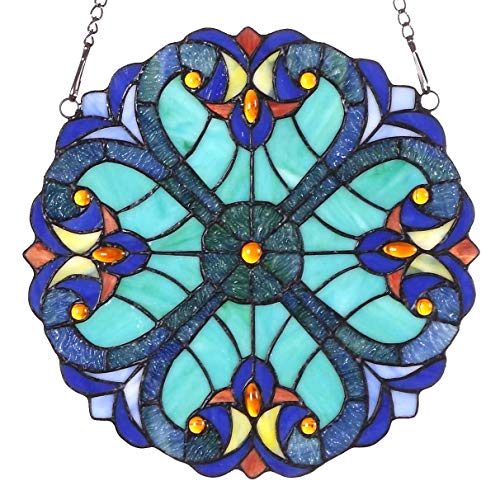 Bieye W10013 Victorian Tiffany Style Stained Glass Window Panel Hangings with Chain, 12-inch Wide, Blue
