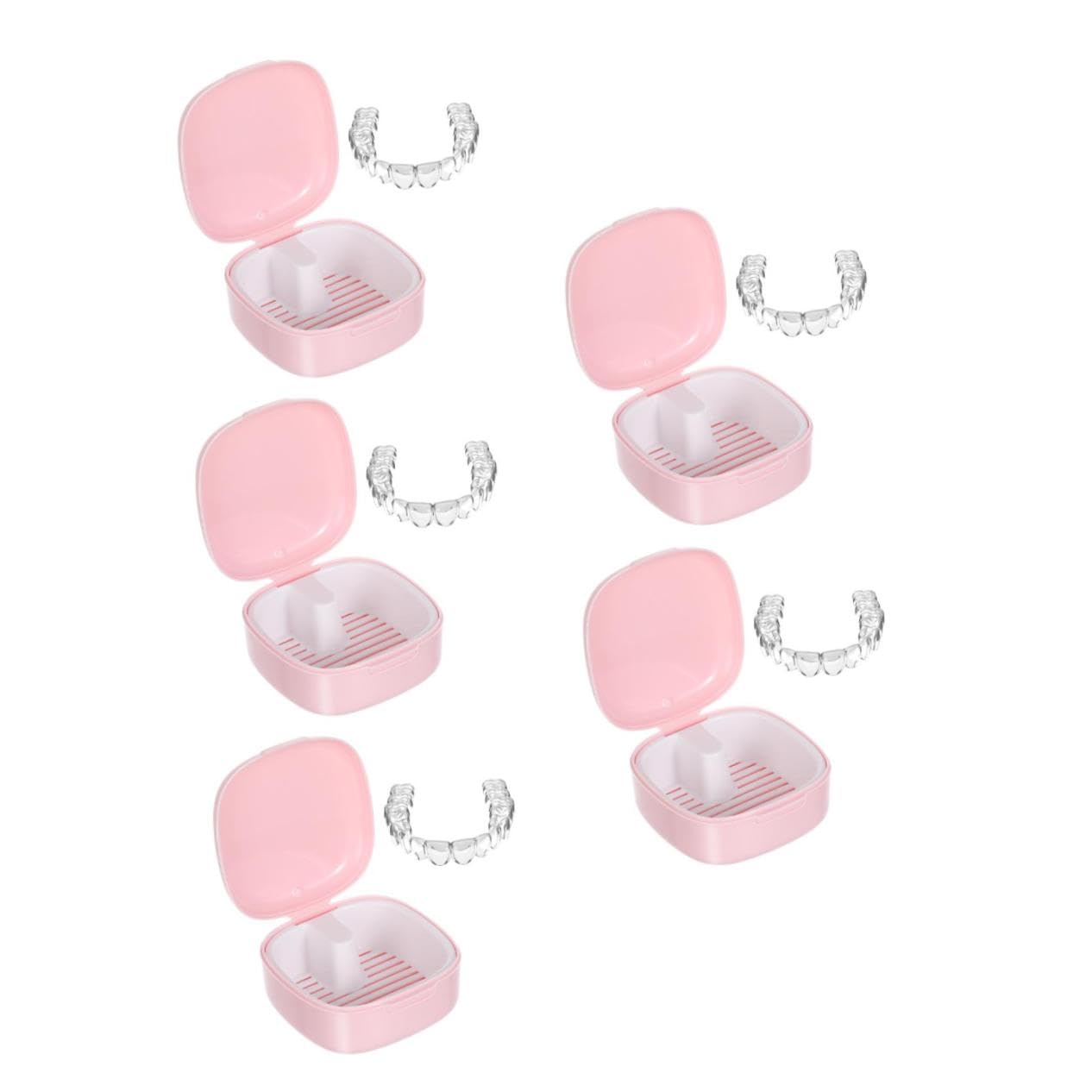 BESTYASH Scatola Da 5 Pezzi Scatola Per La Conservazione Della Protesi Dente Contenitore Durante La Notte Sottile Caso Caso Pulito Per i Denti Pulizia Immergiti Rosa Plastica