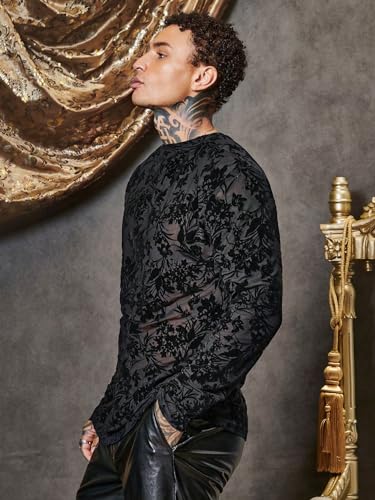 WDIRARA Men's Floral Lace Mesh Party Tee See Through Round Neck Long Sleeve T-Shirt Tops3