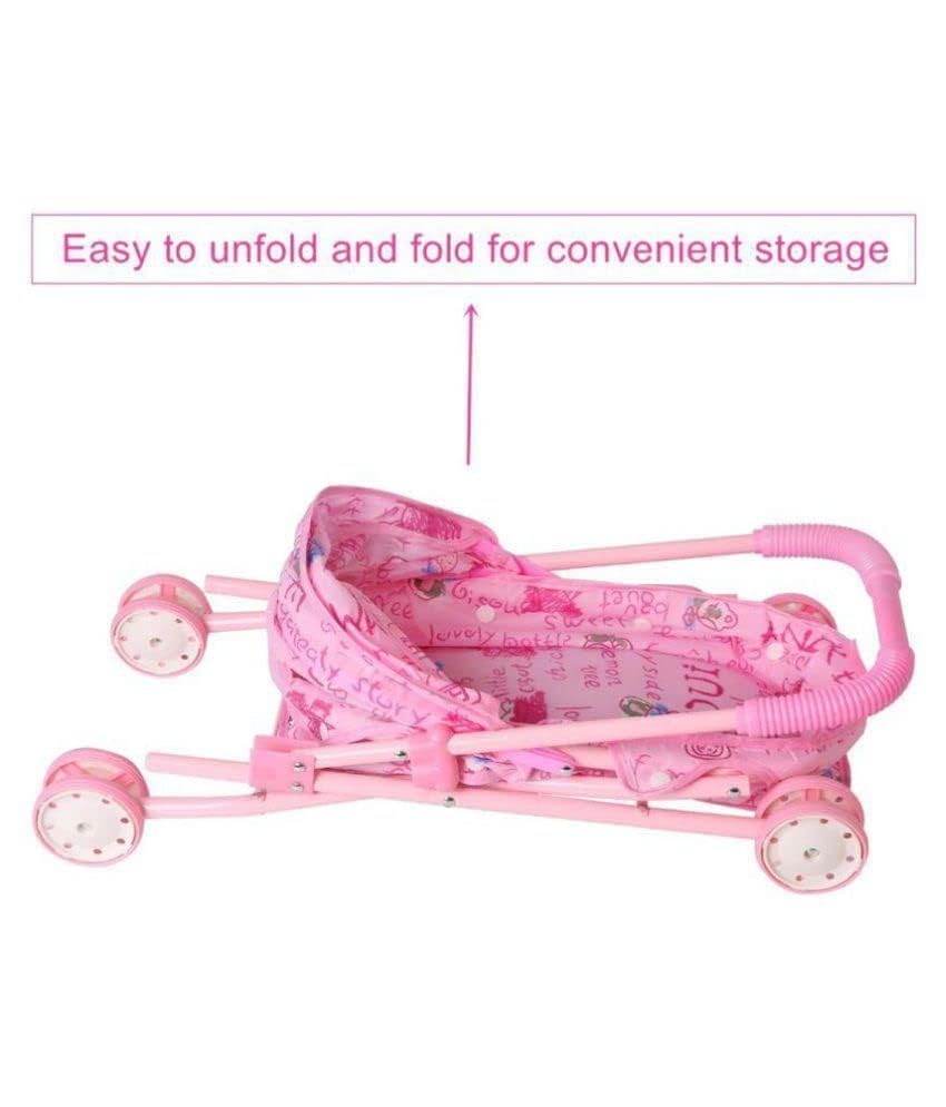 Image of Foldable Doll Stroller for Kids, Lightweight Toy Baby Pram with Canopy & Storage Basket, Pink Doll Buggy for Toddlers Girls Pretend Play Gift