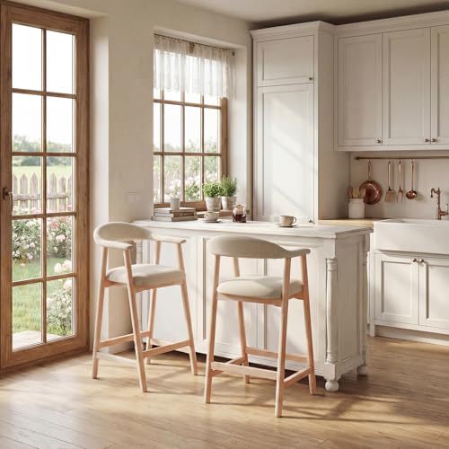 Image of 26 inch Bar Stools Set of 2, Upholstered Counter Stools, Modern Linen Counter Height Bar Chairs with Backs and Arms, Wood Legs and Footrest, for Kitchen Counter, Island, Dining Room, Beige