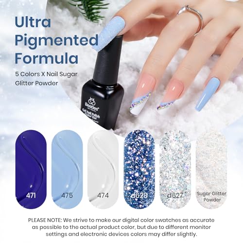 Image of Beetles Summer Gel Nail Polish Set 5 Winter Colors Dark Blue Glitter White Light Blue Silver Gel Polish with Sealing Gel Sugar Dust Powder Nail Sticker UV LED Needed Gifts for Women Sparkling Snow