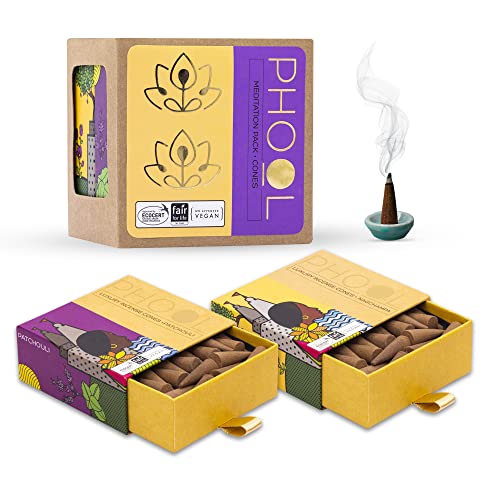 Pack of 2 Natural Incense Cones,Phool Meditation Pack(80 Organic Cones |2 Fragrances:Nagchampa & Patchouli)+1 Free Ceramic Holder |Handrolled |Sulpher & Charcoal Free |100% Organic & Natural 500 GMS