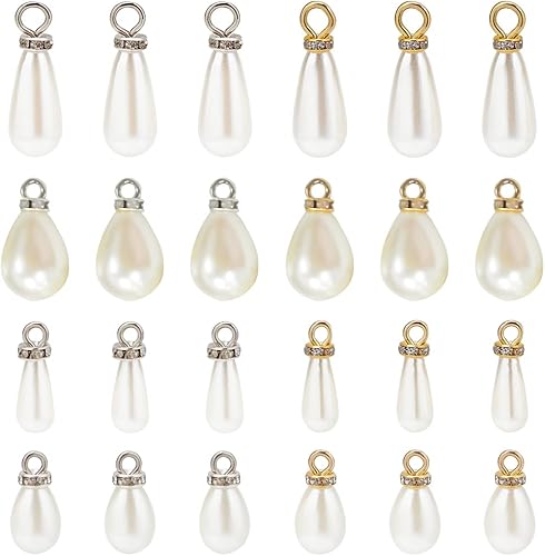 CHGCRAFT 96 colgantes de perlas de imitación de lágrima de 4 tamaños con diamantes de imitación para aretes colgantes, collares, joyería, dorado y