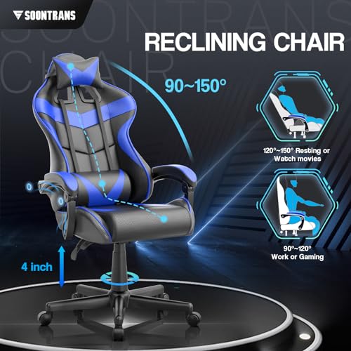 Soontrans Blue Gaming Chairs with Massage,Ergonomic Computer Gamer Chair,Game Chair with Adjustable Headrest and Lumbar Support (Storm Blue)