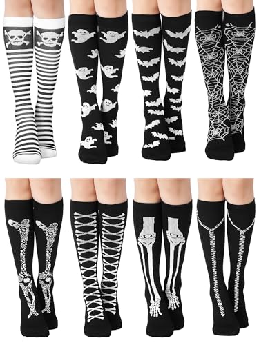 Fourluoo 8 Pairs Compression Socks for Women Men Spider Bat Pumpkin Knee High Compression Socks for Halloween Nurses Running(Bat Large-X-large)