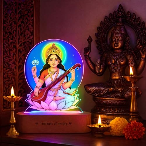 Image of ZOCI VOCI Goddess Saraswati LED Lamp with Wooden Base - Saraswati MATA Night Light for Pooja Room, God Lamps for Home Temple Decor, Study & Wisdom Lamp (RGB Smooth - (No Remote))