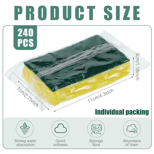 Image of Maxcheck 240 Pcs Individually Wrapped Sponge Dishwashing Sponge Bulk Non Scratch Scouring Pad Kitchen Scrub Sponges for Household Cleaning Rental Dishes Hotel Apartment Car (Yellow, Green)