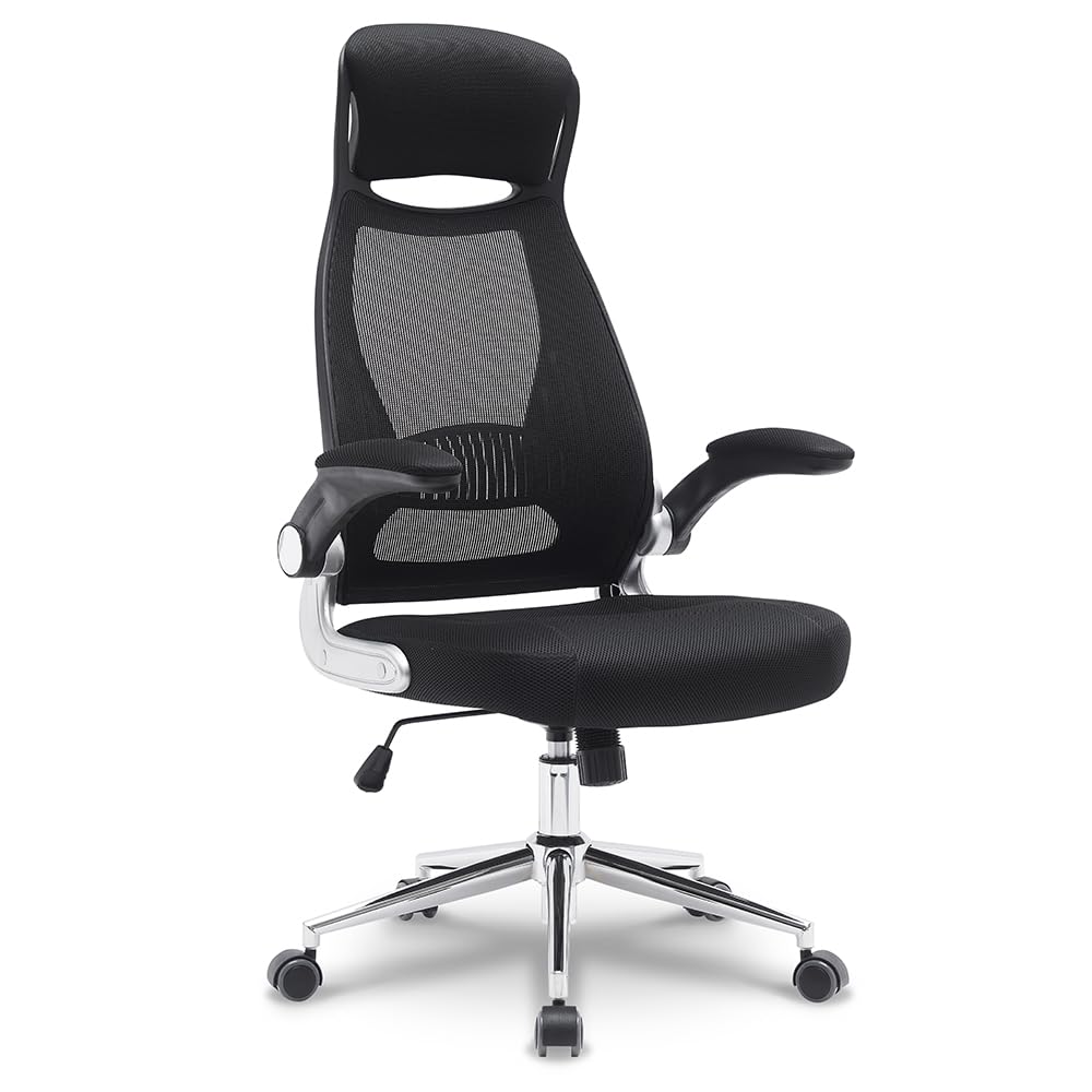Ergonomiczny fotel biurowy z tkaniny siatkowej, wysokie oparcie z wbudowanym zagłówkiem, podnoszone podłokietniki, podparcie odcinka lędźwiowego, regulacja wysokości, chromowana metalowa stopa