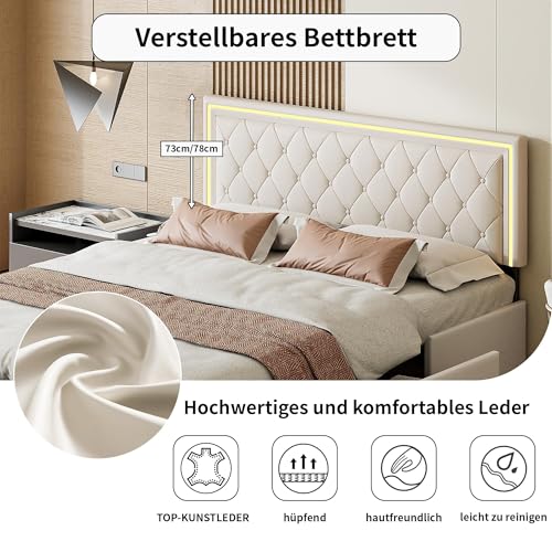 WSOFZMO Polsterbett 160x200 mit Stauraum, Doppel Bett 160x200 mit Lattenrost, Boxspringbett Jugendbett, Betten mit 4 Schubladen, PU, ohne Matratze (Stil2, 160 * 200) – Bild 6