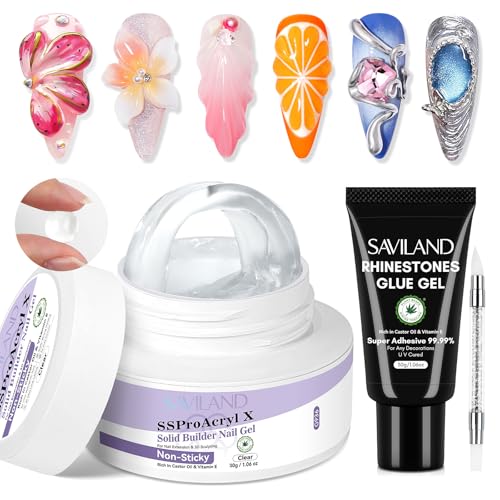 Image of SAVILAND Pro Solid Builder Nail Gel for Nails with 30 g Rhinestone Glue Gel: 30 Days Long Lasting Clear 3D Nail Gel for Nail Extension Nail Art Salon