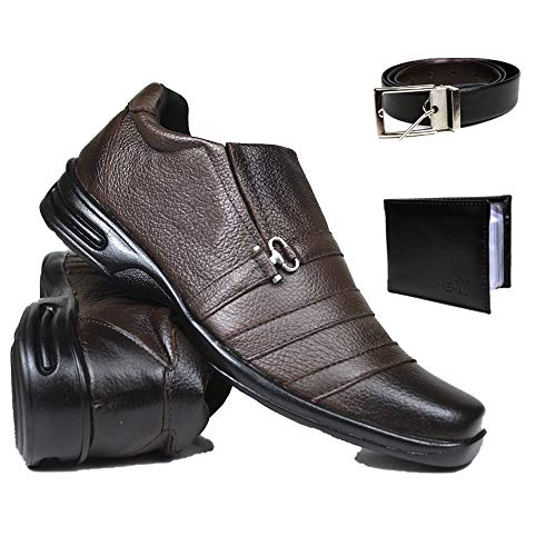 KIT Sapato Anti Stress Casual Masculino Confort + Cinto e Carteira Couro Cor:Marrom;Tamanho:41