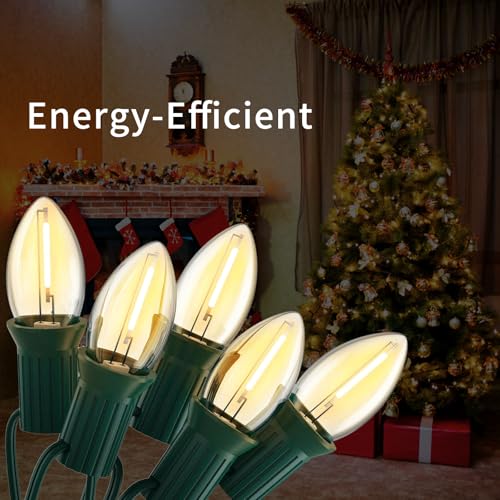 Image of 10FT C7 Christmas Lights, Warm White LED Indoor Outdoor String Lights for Halloween, Xmas Tree, Window, Door, Party Decor, Plug in with Green Wire