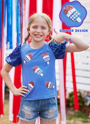 BesserBay Girls 4th of July Sequins Stars Shirt Stripes Puff Short Sleeves Top Shiny Crew Neck Blouse 6-14 Years3