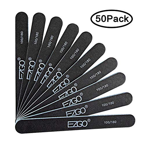 EZGO 100/180 Grit 50 pack Nail Files Double Sided Professional Nail Block Buffer For Smooth & Shiny Nails - Home or Professional Manicure (100/180)