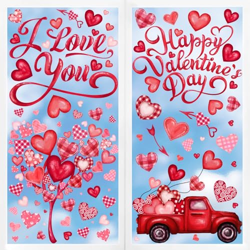 Vellibring 6 Valentine's Day Window Clings Valentine Window Decors Pink Hearts-Shape Tree Truck Happy Valentine’s Day Glass Stickers Decal Double Sided for Home Kitchen Decorations Party Supplies