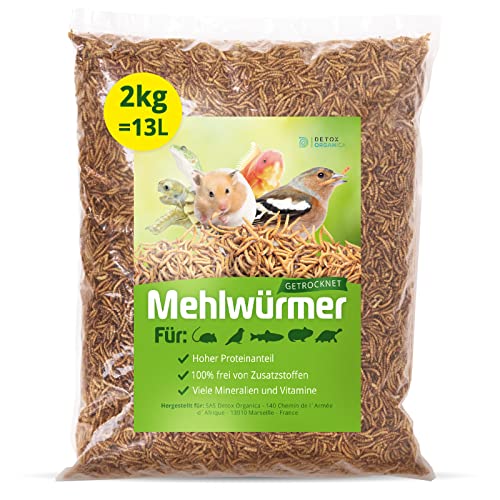 MEHLWÜRMER GETROCKNET, 2Kg (13L) getrocknete Mehlwürmer, Proteinreiche gesunde Würmer für Reptilien, Vögel, Wildvögel…
