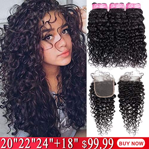 Brazilian Water Wave 3 Bundles With Free Part Closure with Baby Hair Unprocessed Wet and Wavy Virgin Human Hair Bundles with 4x4 Lace Closure Natural Black Color Fabc Hair (20 22 24+18)