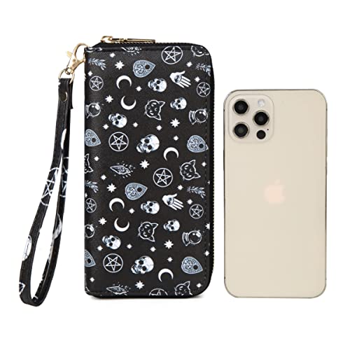 Image of Checkered Cow Print Wallet For Women Skull Goth Frog Butterfly Turtle Ladies Cluth Wristlet Wrist Strap Long Purse Zip Around Card Holder