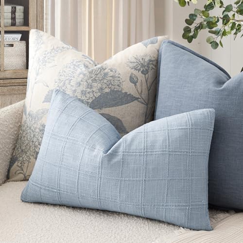 Image of Foindtower Set of 1 Decorative Linen Check Throw Pillow Cover Neutral Farmhouse Lumbar Cushion Cover Modern Boho Accent Home Decor for Sofa Chair Couch Bedroom Living Room,12x20 Inch,Sky Blue