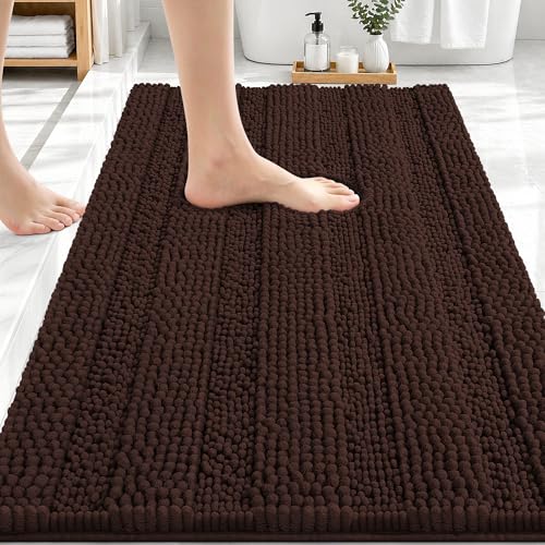 Image of OLANLY Thick Bathroom Rugs 30x20, Extra Soft Absorbent Chenille Striped Bath Rugs, Rubber Backing, Machine Wash Dry, Bath Mats for Bathroom Floor, Tub and Shower, Home Decor Accessories, Brown