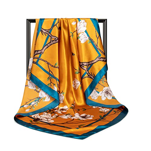 Image of DRESHOW 35 inch Large Square Satin Head Scarf - 4Pcs Silk Accessories Classic Patterned Squares Beach Bandanas for Women