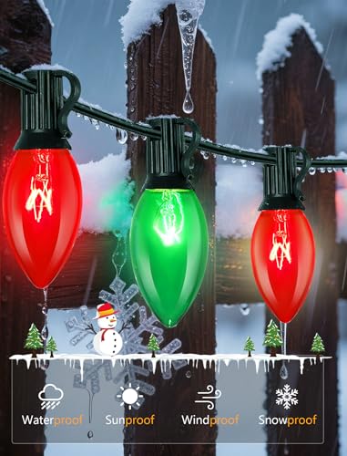 Image of 25Ft C9 Red and Green Christmas Lights Outdoor, C9 Vintage Christmas String Lights with 27 Clear Red Green Bulbs, Hanging Outdoor Christmas Lights for Backyard Prom Roofline Path Party Garden Decor