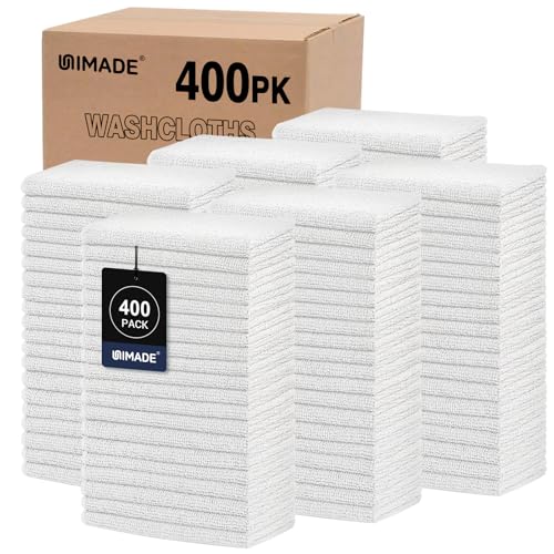 Image of UNIMADE Washcloths Bulk - 400 Pack - Face Towels (12 inch x 12 inch), Highly Soft Wash Cloths and Hand Towels, Fast Drying Multi-Purpose Microfiber Cleansing Cloths for Bathroom, Hotel, Spa, and Salon - White