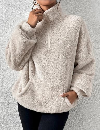 Wyeysyt Womens Sherpa Pullover Quarter Zip Pullover Sweatshirts Casual Long Sleeve Fleece Sherpa Outwear with Pockets2