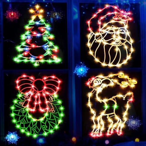 4 Pack 16 Inch Christmas Window Silhouette Lights Waterproof Indoor Outdoor Window Hanging Lights Elk Santa Claus Christmas Tree Wreath 200 Mini Bulbs Hanging Decorations for Wall Holiday Part